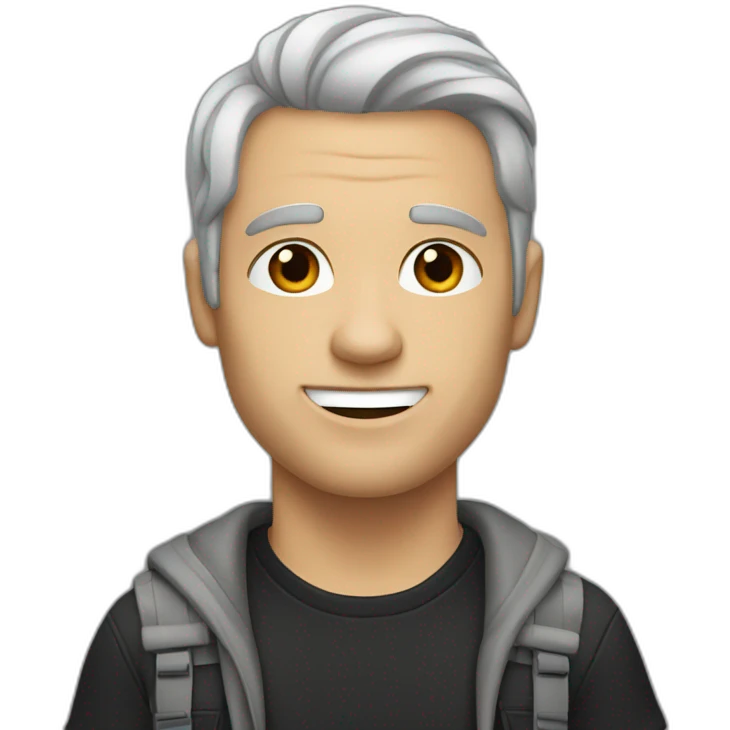 a shaved white man, with long dark brown hair, with a black t-shirt emoji