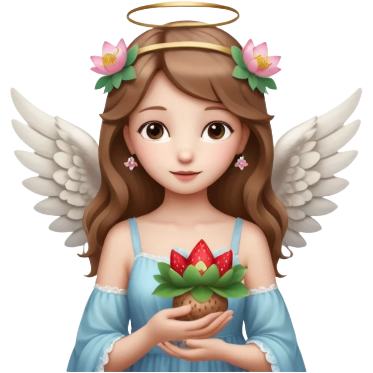 یه دختر زیبا با موهای قهوه ای روشن که مثل یک فرشته است و تازه متولد شده به همراه گل نیلوفر لای موهاش بالای گوشش و همراه با نیلوفرهای آبی و یک گل نیلوفر ترکیب شده با توت فرنگی در دست راستش. لباسش تصویر خرس داشته باشه روس emoji