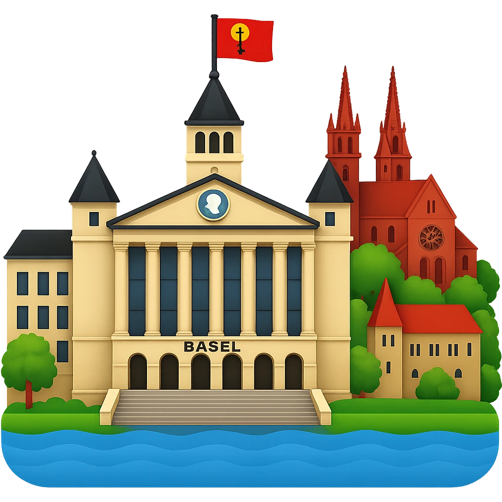 Edit the University of Basel main building emoji to include Basel city elements such as the Rhine river, Basel Minster, and the red city flag. The style should resemble apple style emojis. Remove the background. emoji