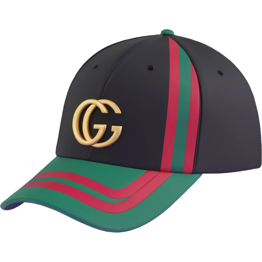 luxury Gucci cap with green and red stripes and gold logo emoji