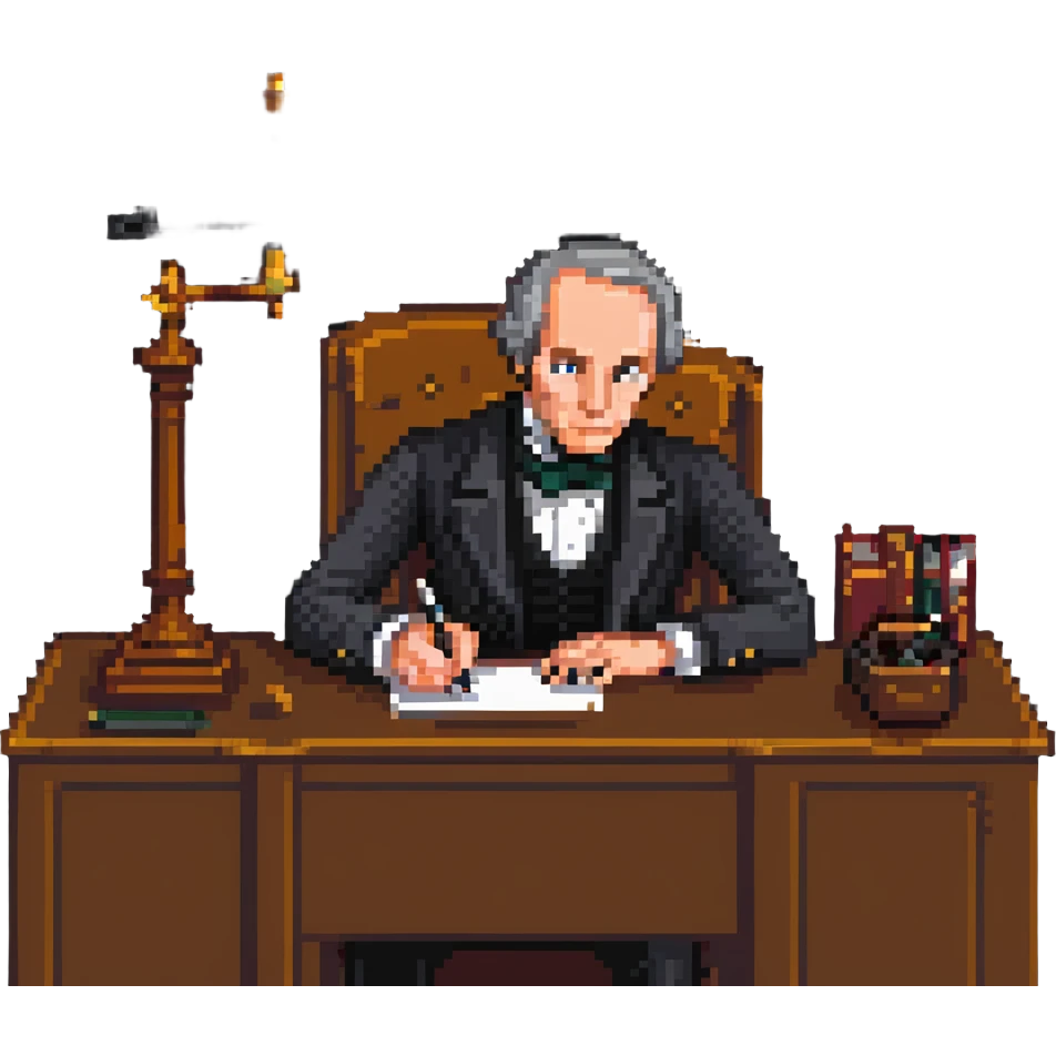 pixel art Henry Clay writing at a desk, old-fashioned setting, Compromise of 1850 document emoji