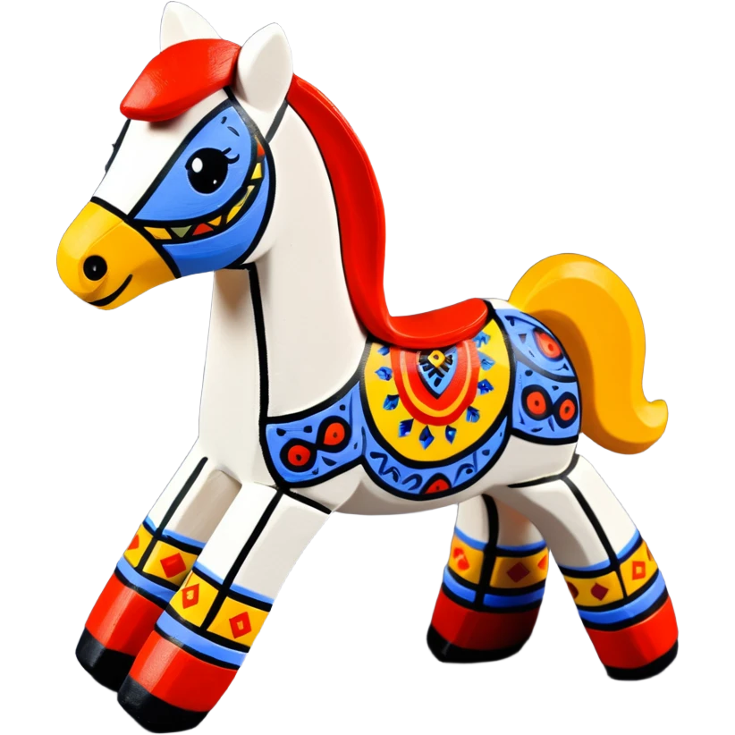Dymkovo toy horse, traditional Russian clay figurine with colorful geometric patterns, white base with red, blue and yellow decorations emoji