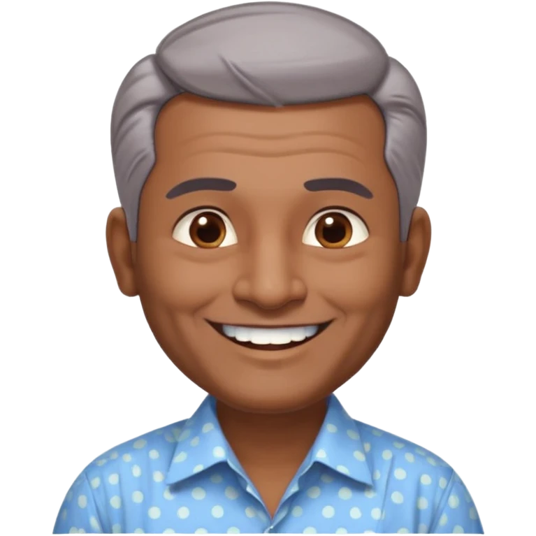50 yr old indian man, dark skin, grey hair, big smile, white teeth, chubby, no moustache, clean shaven, young style hair, hair brushed back, 5 oclock shadow, bindy on forehead, dress shirt, forehead dot emoji