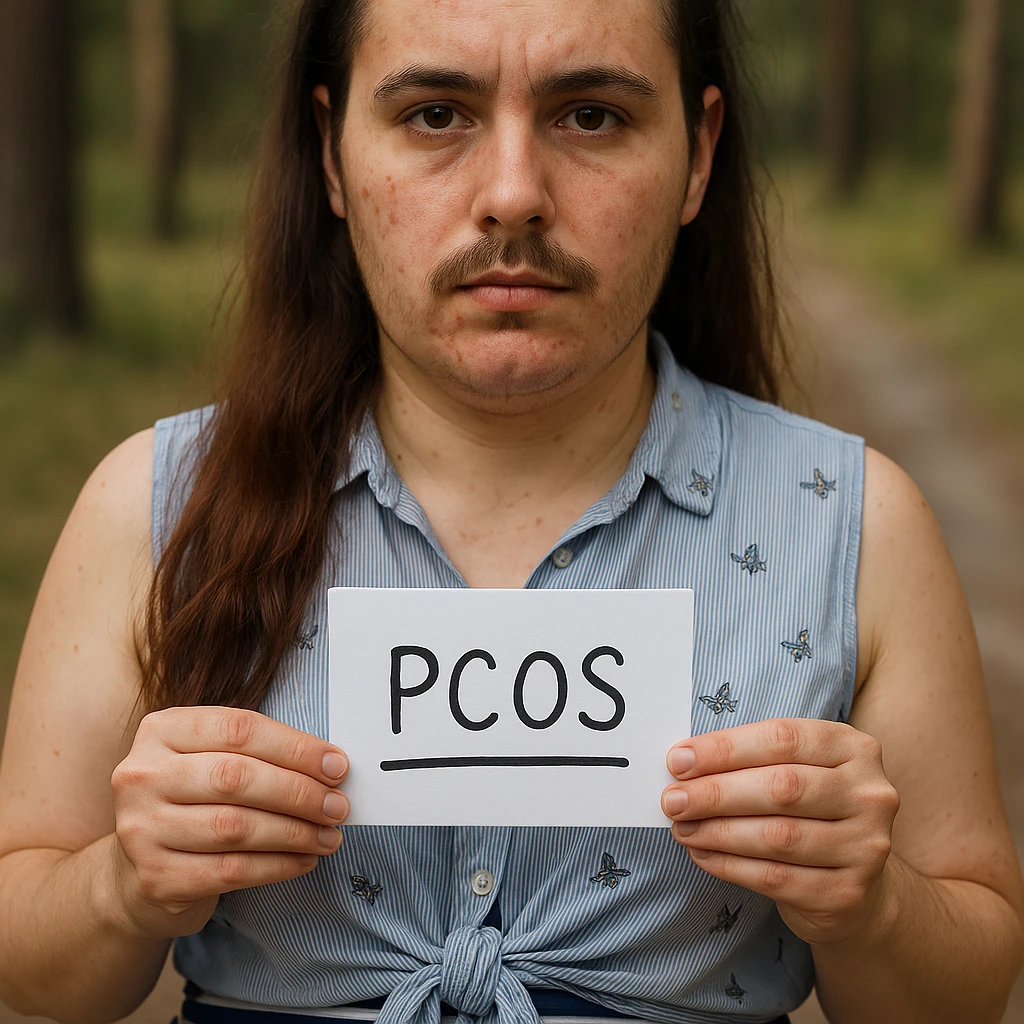 Realistic woman with PCOS inspired by the reference photo, face with acne, facial hair, thinning hair, similar clothing, natural environment, hyperrealistic 4K details. emoji