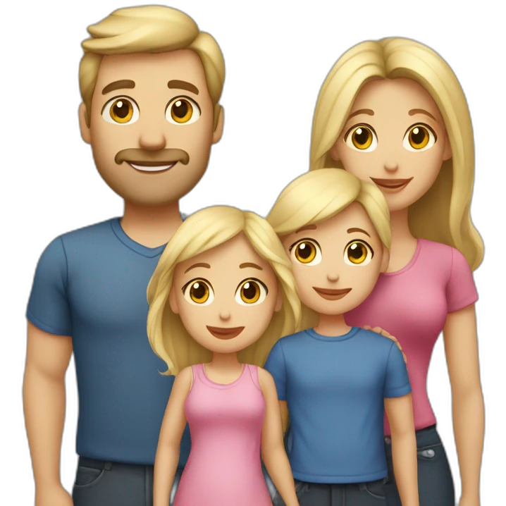 a family with 2 parents and 2 babies girls twins, the dad is blond hair and the mom dark hait emoji