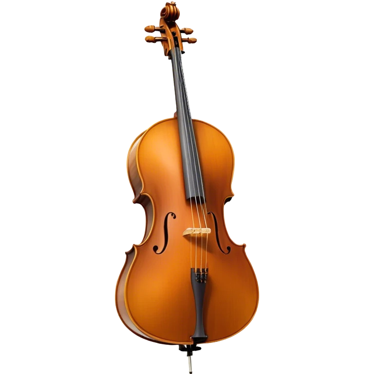 Create a refined and detailed emoji representing a Cremona 4/3F 4/4 cello with a bow. The design should feature the smooth, polished wooden body of the cello with a deep, rich tone color. The strings and tuning pegs should be visible, emphasizing the instrument's fine craftsmanship. Add a delicate bow placed gently across the strings, with intricate detailing on the hair and frog. Include subtle musical notes around the cello to evoke the graceful, classical sound. Use warm wood tones and accents like gold and silver for a professional, elegant look. The background should be transparent. emoji