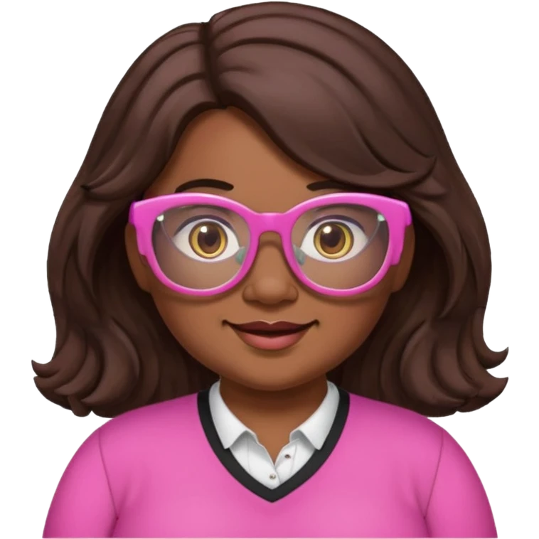 chubby English teacher, happy, wearing pink glasses, wavy long dark brown hair, face only, gamer vibe, classroom background, emoji style, for online classes emoji