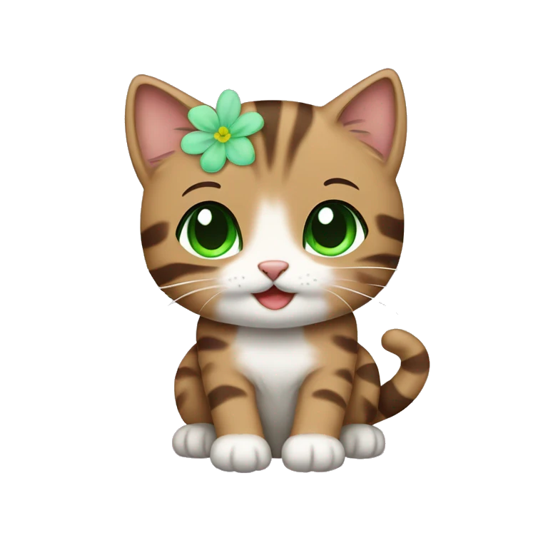 kawaii brown tabby kitten with green eyes and pastel green flower emoji