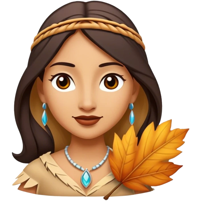 Cinematic Playful Pocahontas Portrait Emoji, Tilting her head with a knowing smirk, holding a delicate autumn leaf, eyes glimmering with adventure, an enchanting blend of confidence and charm, absolutely captivating! emoji