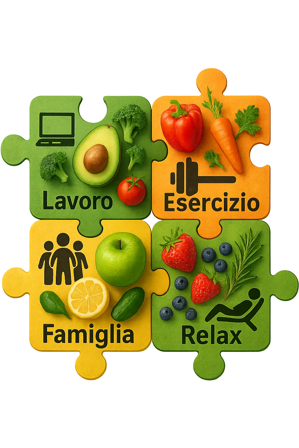 Puzzle (Lavoro, Esercizio, Famiglia, Relax), in lavoro metti icona di un PC, in Esercizio un Manubrio, in Famiglia una famiglia, in Relax qualcuno che riposa and healthy foods are integrated into each piece. in italiano emoji