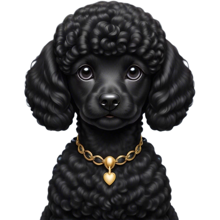 Cinematic Noble Black Poodle Portrait Emoji, Poised and regal, with a refined, elegant build and a meticulously groomed, curly jet-black Fur, deep-set soulful dark eyes, Simplified yet sharp and sophisticated features, highly detailed, glowing with a soft, dignified glow, high shine, intelligent and graceful, stylized with an air of sophistication, focused and attentive, soft glowing outline, capturing the essence of a watchful and confident companion, so majestic it feels as though it could prance out of the screen with effortless authority! emoji