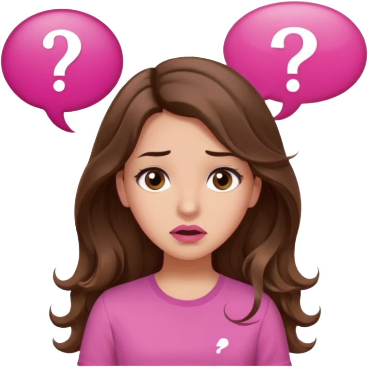 girl with long wavy brown hair, brown eyes, light to medium complexion, in a pink shirt, pink lips, long lashes, confused, question mark one speech bubble emoji