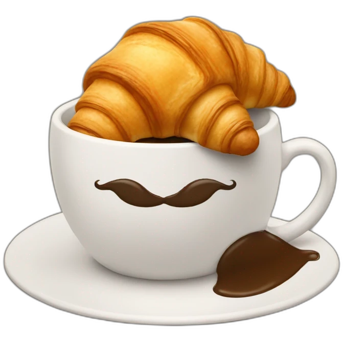 A croissant with a moustache that drinks a cup of coffee emoji