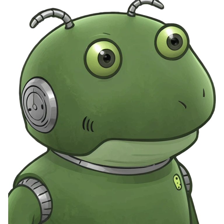 A robot designed in the style of a green Bufo frog meme, with a humorous and exaggerated expression. emoji