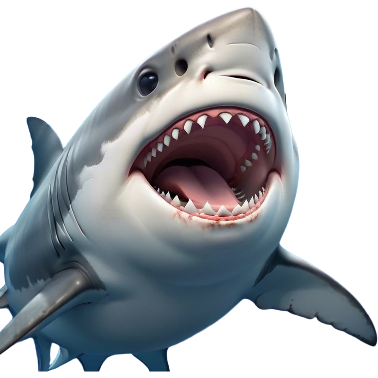 Cinematic Cute Yawning Great White Shark Portrait Emoji, Head tilted slightly with a dramatic, wide-open yawn, showcasing its robust, streamlined form with a slightly open mouth revealing powerful jaws and sleepy, half-closed eyes, Simplified yet irresistibly adorable features, highly detailed, glowing with a soft, cozy oceanic glow, high shine, relaxed yet expressive, stylized with a hint of whimsical aquatic ease, soft glowing outline, capturing the essence of a drowsy yet affectionate great white shark that appears ready to stretch and yawn its way out of the screen! emoji