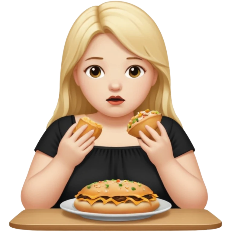 Девушка со светлыми длинными волосами толстая сидит грустная за столом и ест много еды emoji