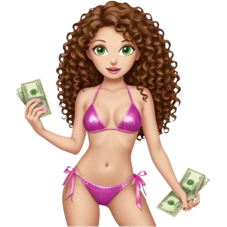 Sensual woman green eyes brown long curly hair evil occult,with 7 inch platform stripper high heels pink bikini with glitter dress, holding a wad of cash emoji