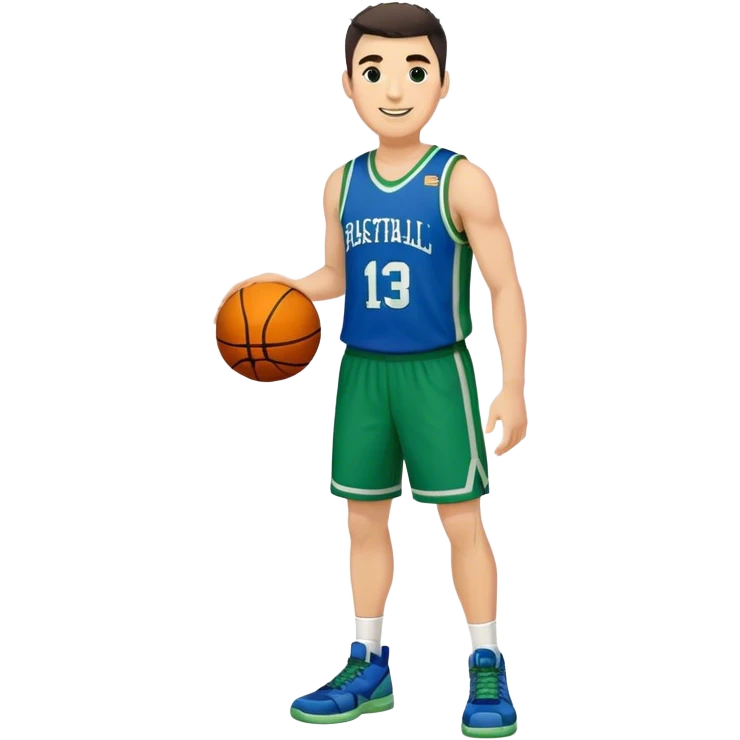 Full Body heavy white male with dark short spike hair basketball player wearing blue green uniform smiling emoji