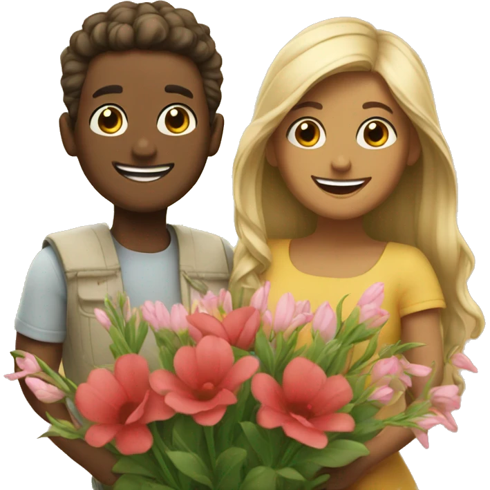 Two love smiling with flowers emoji