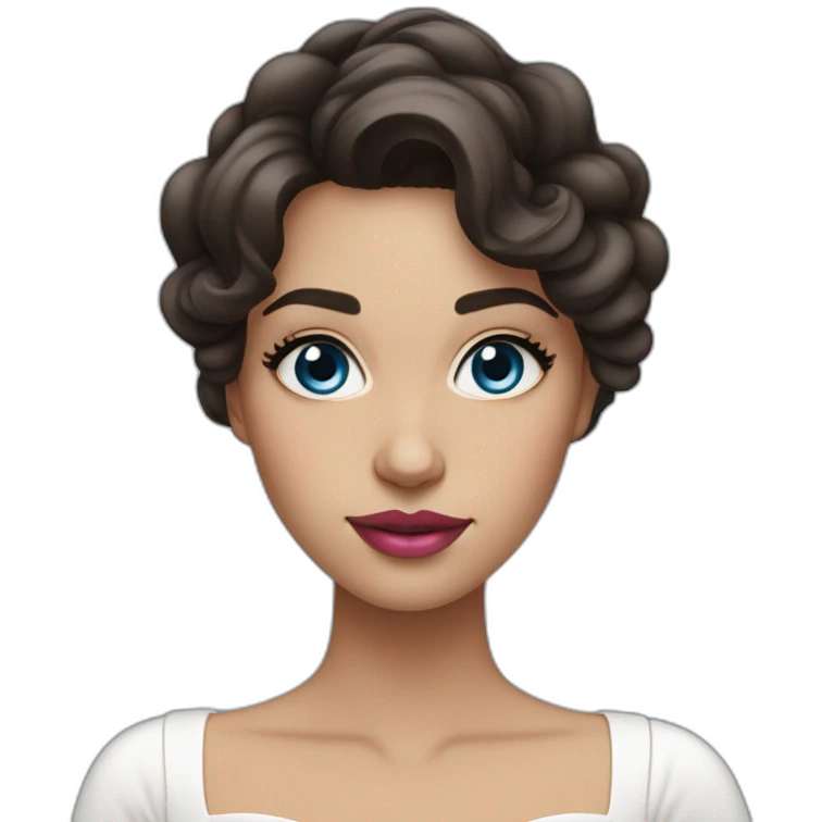Women with long wavy dark brown hair and long eyelashes blue eyes with pink lips and thick dark brown eyebrows wearing a white dress emoji