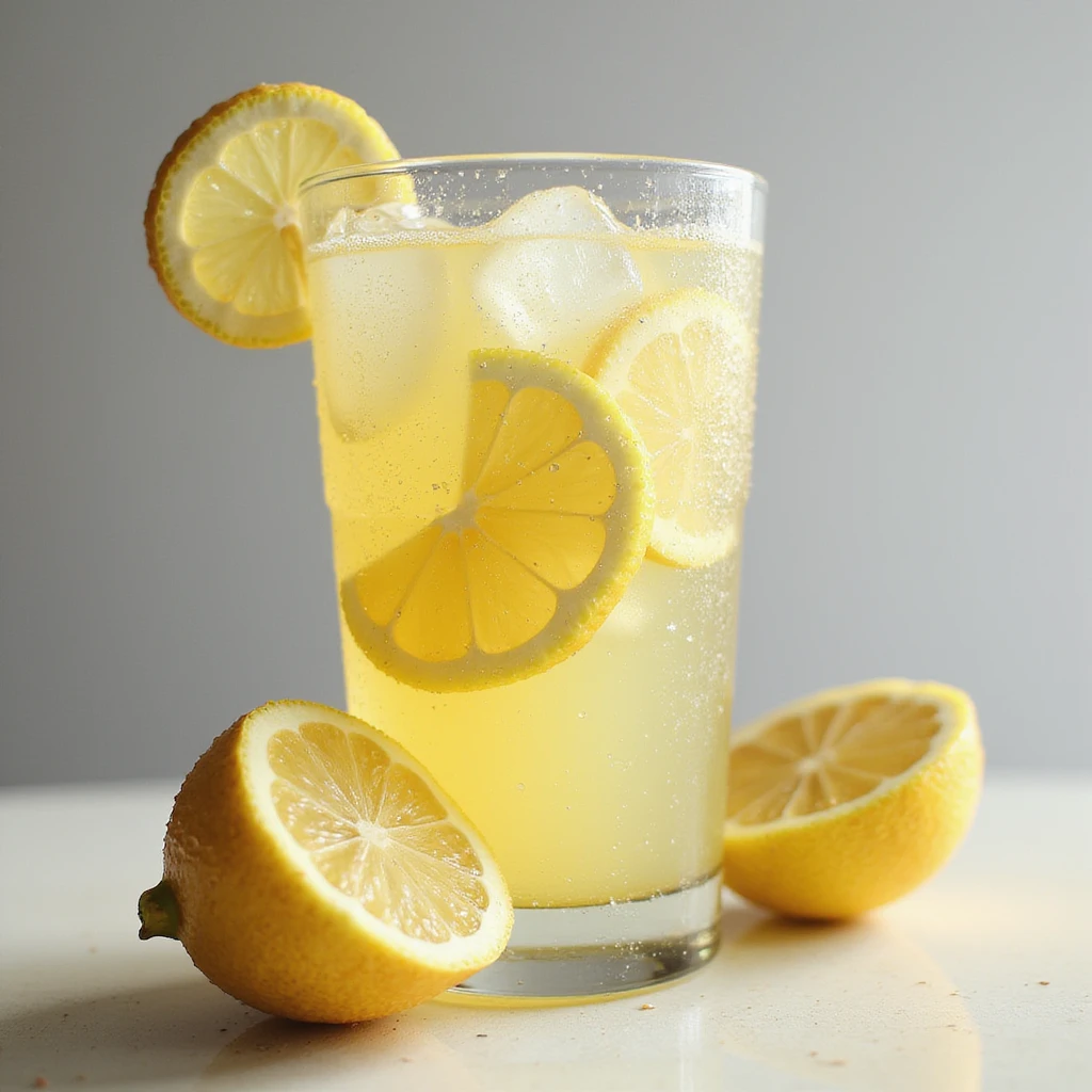 realistic glass of iced lemonade with condensation on glass and fresh lemon slices emoji