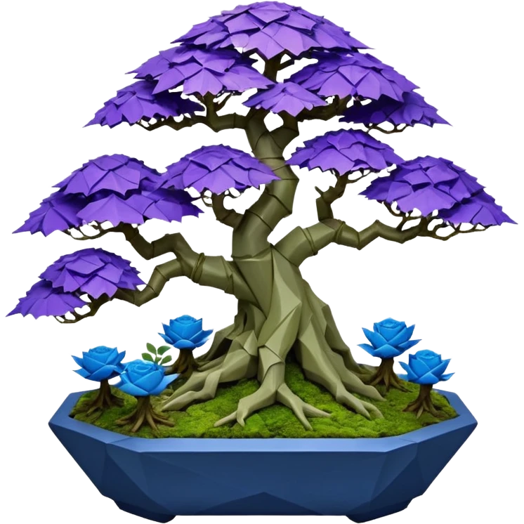 Futuristic wild glowing space alien moss maples Bonsai hair-pine-leaf group multi faceted intricate crystalline inspired boxwood purple rose blue informal rocky cliffhanger eight trees forest planting in shallow origami slab style pot with big animal-like feet  emoji