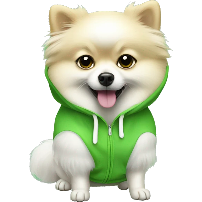 White Pomeranian wearing cucumber hoodie emoji