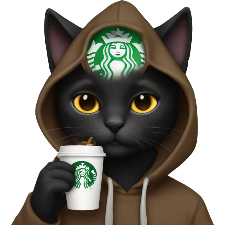 Black cat eating Starbucks with hoodie emoji