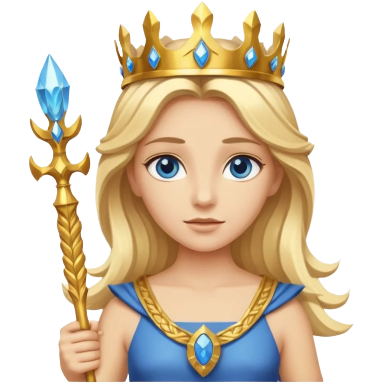 Deesse grecque blonde cheveux mi longs. Yeux bleus. Une couronne de laurier d'or dans les cheveux et septre emoji