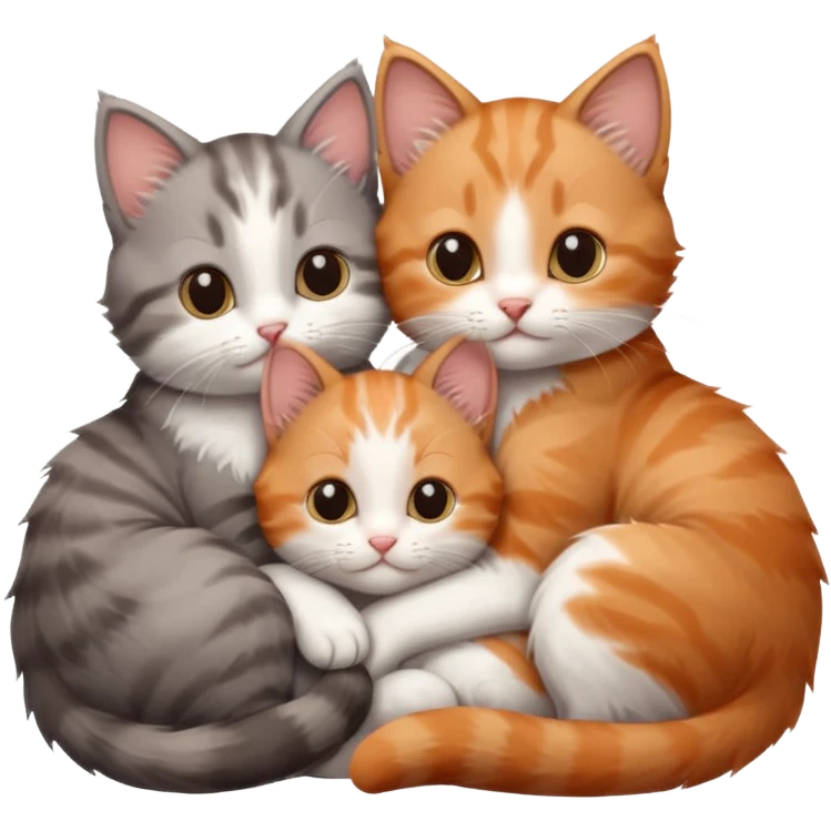 3 tiny kittens cuddling together all different colours, the first one is grey and white, the second is ginger and white and the third is brown tabby and white emoji