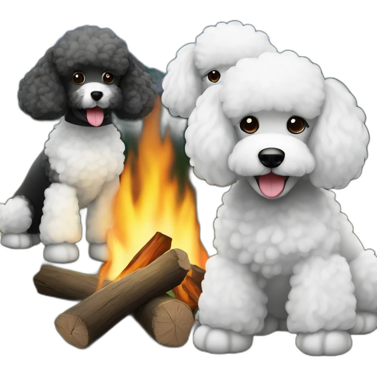 Two Black and one white poodle gathered around campfires emoji