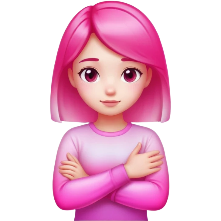 Shy girl character with arms crossed, transparent glass style, bright pink gradient, soft shadows and highlights, minimalist cute design emoji