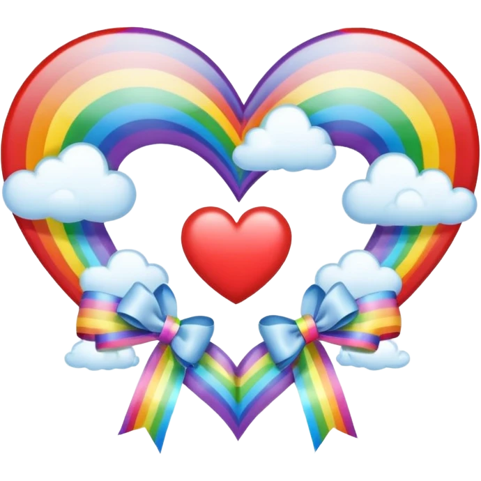 heart with a rainbow and clouds, silver bow with heart pattern on the bow emoji