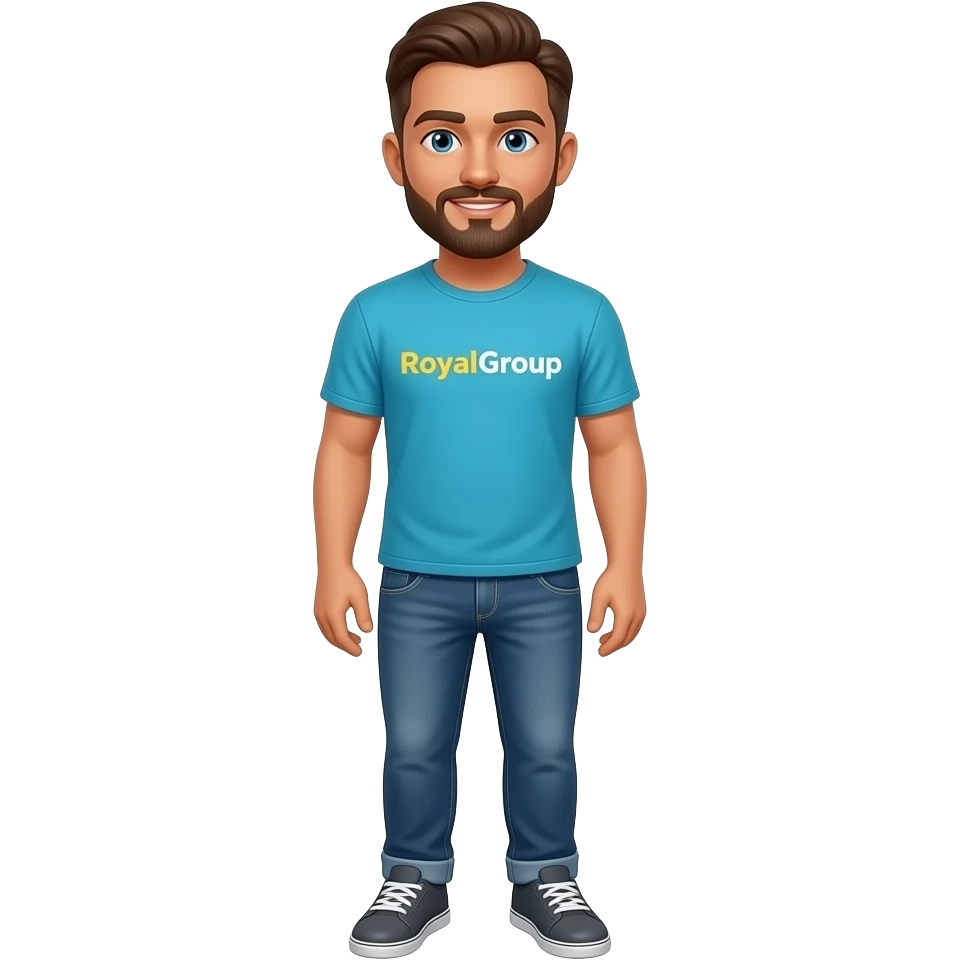 man with light brown, warm skin, brown buzzcut hair and beard, blue eyes, aqua-blue t-shirt with letters-only logo "RoyalGroup" connected words - 'Royal' in goldenrod yellow and 'Group' in white, jeans, dark gray sneakers emoji