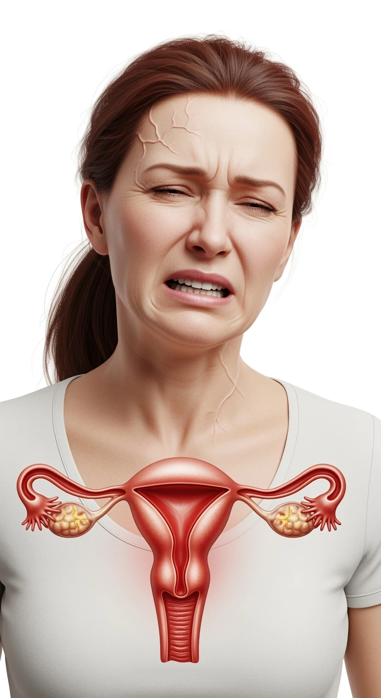 donna con utero umano realistico in evidenza dolorante, espressione di dolore in volto, sfondo bianco, non farla computerizzata, ma iperrealistica 4k emoji