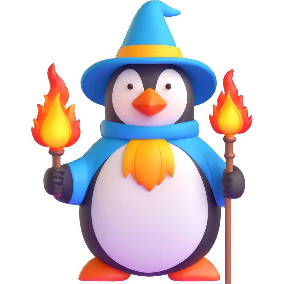 penguin wizard with fire staff and flames emoji