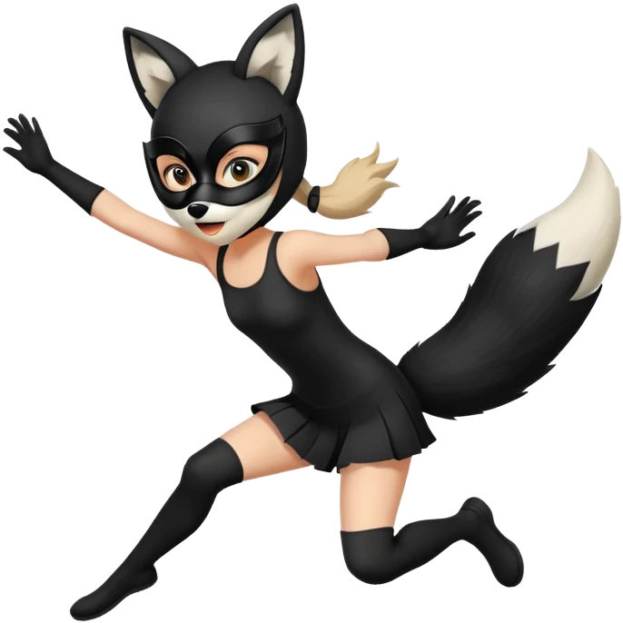 girl wearing a black fox mask and tail jumping emoji