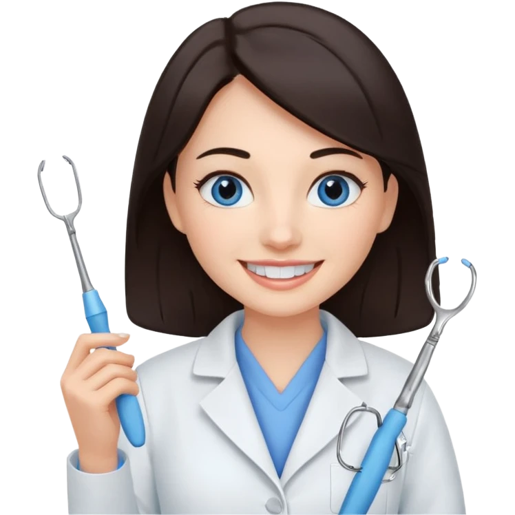 сгенерируй девушку стоматолога с профильными для нее предметами с темными волосами и голубыми глазами еще emoji