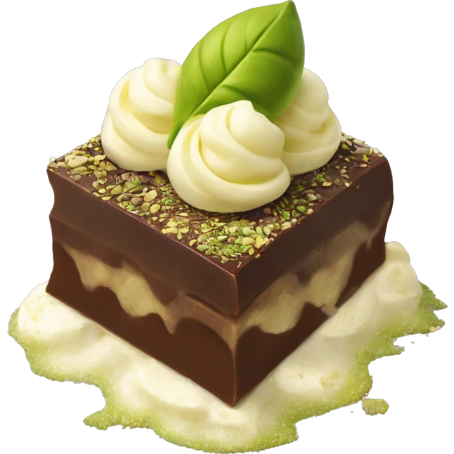 Chocolate with white chocolate swirl with with pistachio and knafeh, with pistachio nuts on top.  emoji
