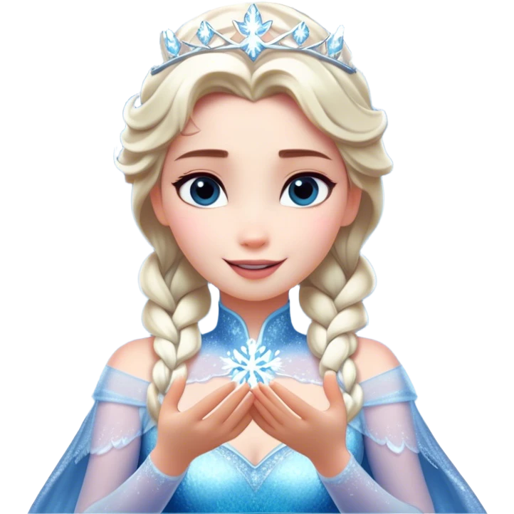 Cinematic Elegant Elsa Portrait Emoji, Standing gracefully with snowflakes forming in her hands, a soft yet confident smile, frosty shimmer surrounding her, a queen in perfect icy splendor! emoji