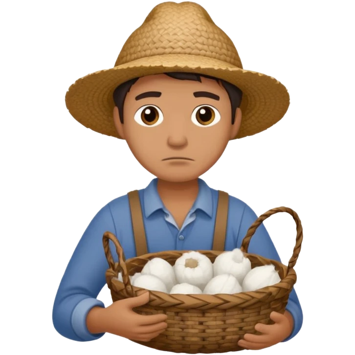 A sad farmer holding a basket and cotton emoji