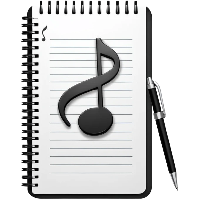 Minimalistic flat vector icon, iOS style, thin black contour on white background. Small notebook with a musical note on the cover, a pen placed next to it. Clean, modern, no text, no shadows. emoji