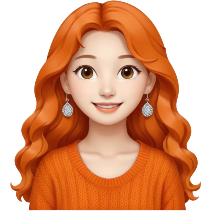 Korean 24-year-old female online shopping mall seller / Orange knit / White face / Earrings / Smiling expression / Long wavy hair / Influencer vibe / Fashionable emoji