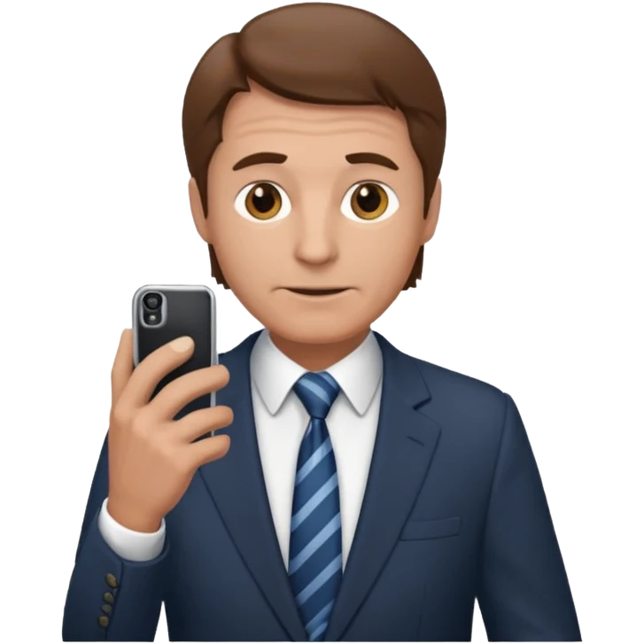 Un hombre mayor de traje con tez clara pelo color castaño, vestido con traje camisa y corbata y celular en mano .  emoji