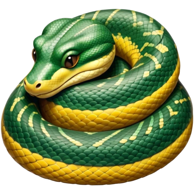 Meme-Worthy cute Sleeping Anaconda Portrait Emoji, Body coiled in a relaxed, peaceful slumber with a contented expression and softly closed eyes, showcasing intricately patterned scales and a serene demeanor, Simplified yet hilariously adorable features, highly detailed, glowing with a soft, drowsy jungle light, high shine, relaxed and utterly lovable, stylized with an air of playful laziness, bright and heartwarming, soft glowing outline, capturing the essence of a sleeping serpent that feels destined to become the next viral sensation of adorable rest! emoji