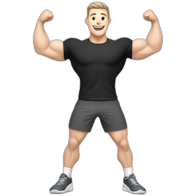 Joyful Celebrating victory Pale skinned Fit Man With the biceps and dark brown hair in black shirt, gray sports shorts and white Sneakers emoji