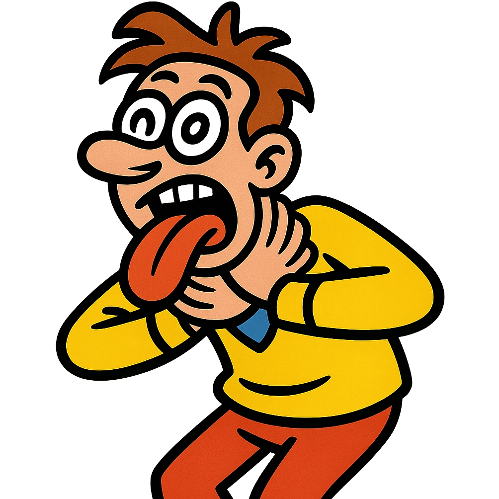 exaggerated slapstick person with crossed eyes, tongue out, hands on neck, comic style, playful and humorous emoji