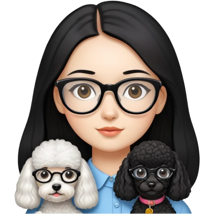 A beautiful girl with glasses with fair skin has long straight black hair and a miniature Poodle. emoji