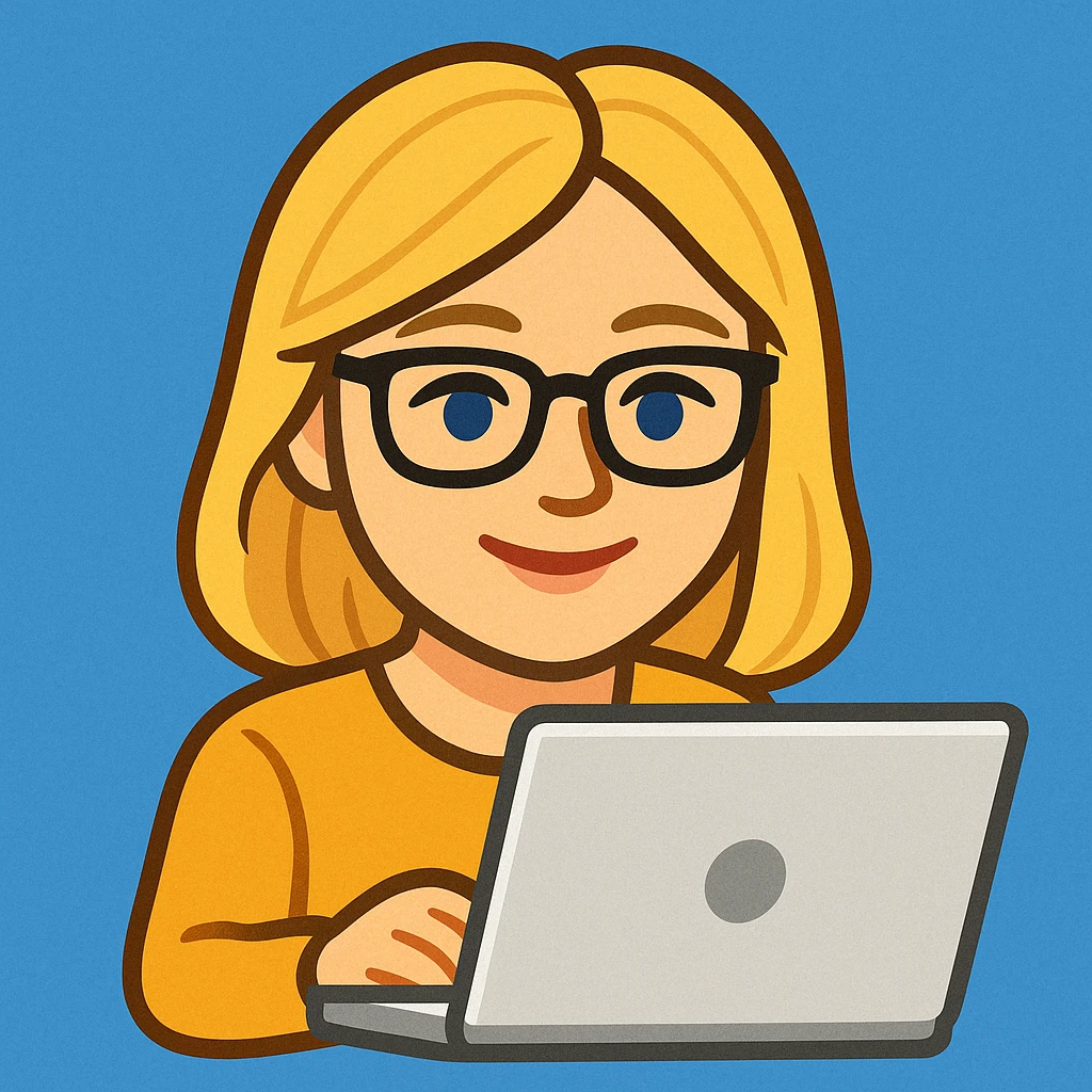 blonde writer woman wearing glasses working on a laptop, twitter style emoji emoji
