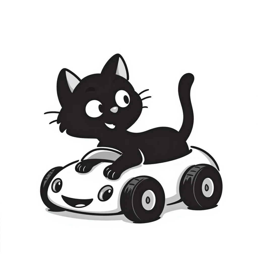 hand-drawn cat with a toy car emoji